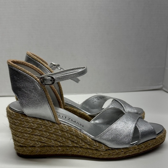 Stuart Weitzman Mirela II Espadrille Wedges Heeled Sandals Leather Silver 9.5 - Picture 9 of 10